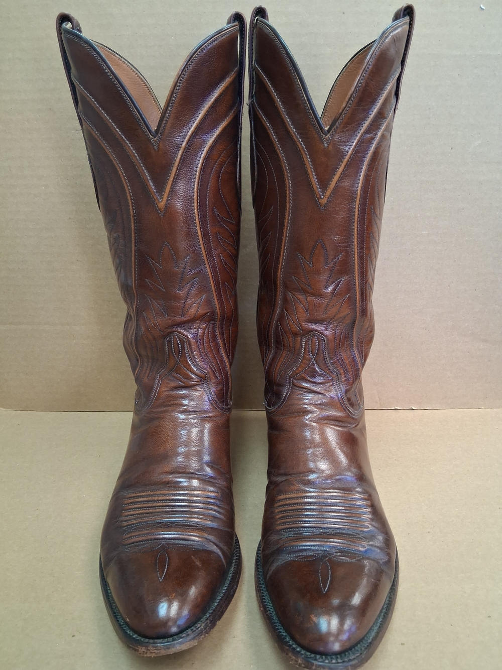 Lucchese Brown Leather Western Cowboy Boots, Size 7.5 D, Item 141